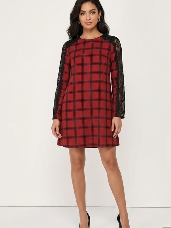 Gianni Bini Dresses & Skirts - Gianni Bini Red and Black Plaid Long Sleeve Dress with Lace Shoulders